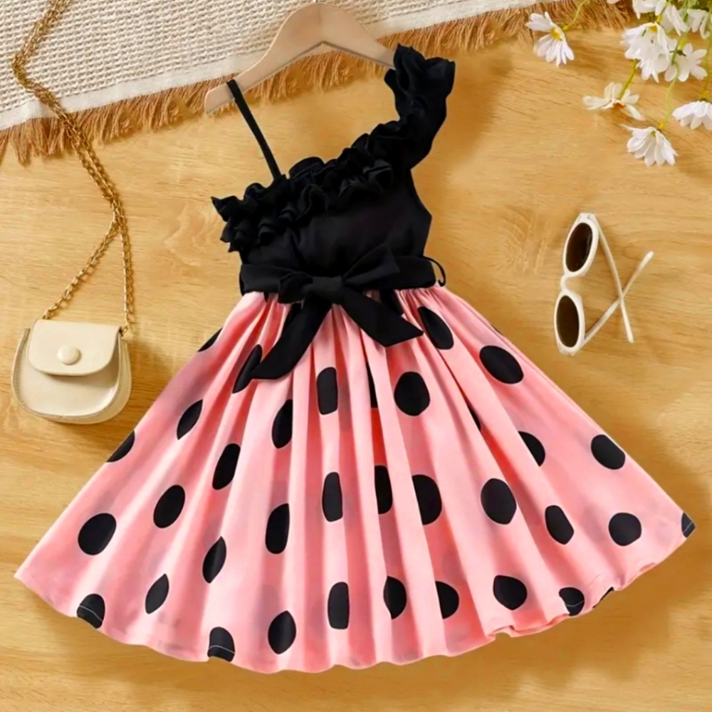 Toddler Girls Polka Dot Asymmetrical Neck Ruffle Trim Belted Princess Dress